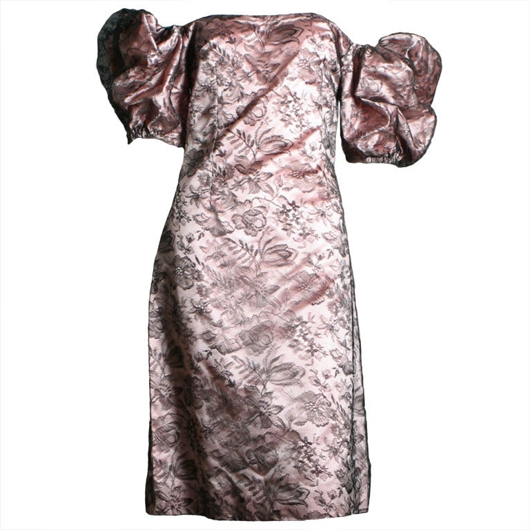 1980s French couture Marescot lace and pink satin cocktail sheath For Sale