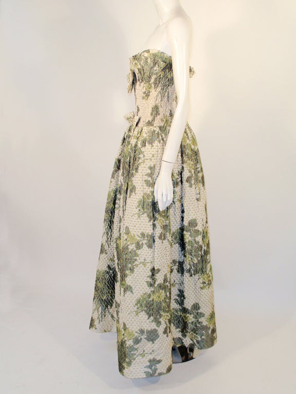 Oscar de la Renta Cream, Green Silk Floral Strapless Gown 1