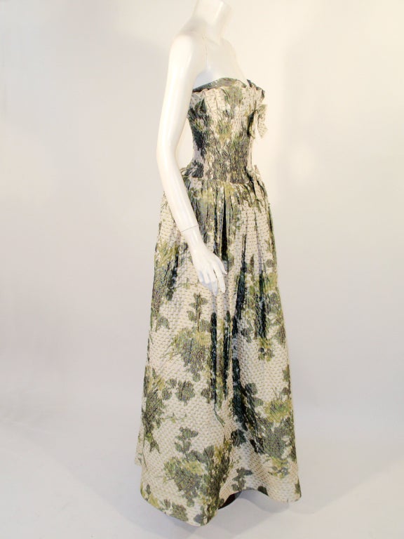Oscar de la Renta Cream, Green Silk Floral Strapless Gown 2