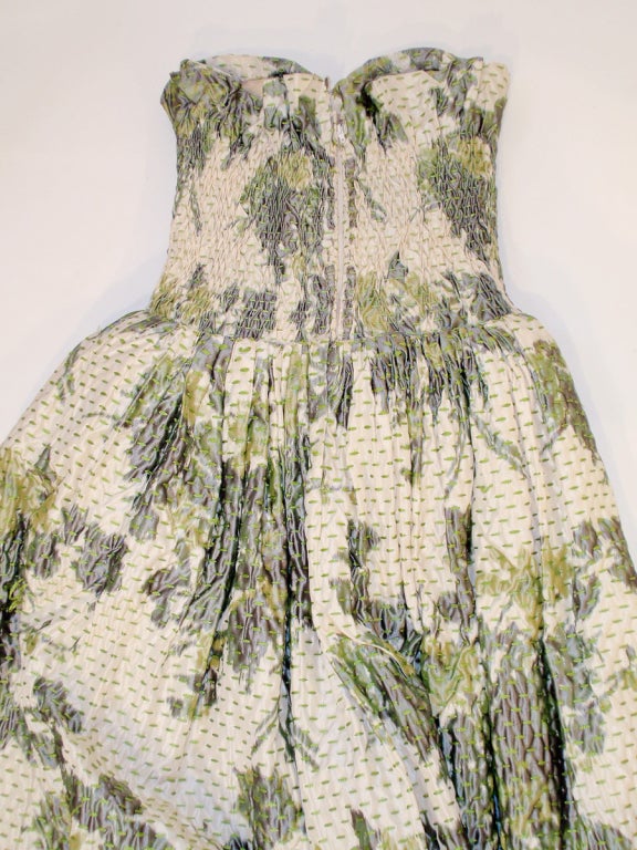 Oscar de la Renta Cream, Green Silk Floral Strapless Gown 3