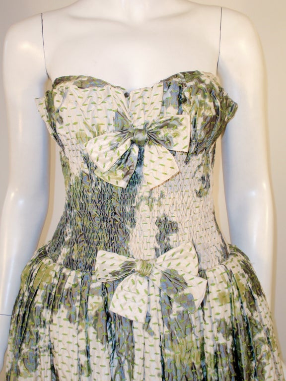 Oscar de la Renta Cream, Green Silk Floral Strapless Gown 5