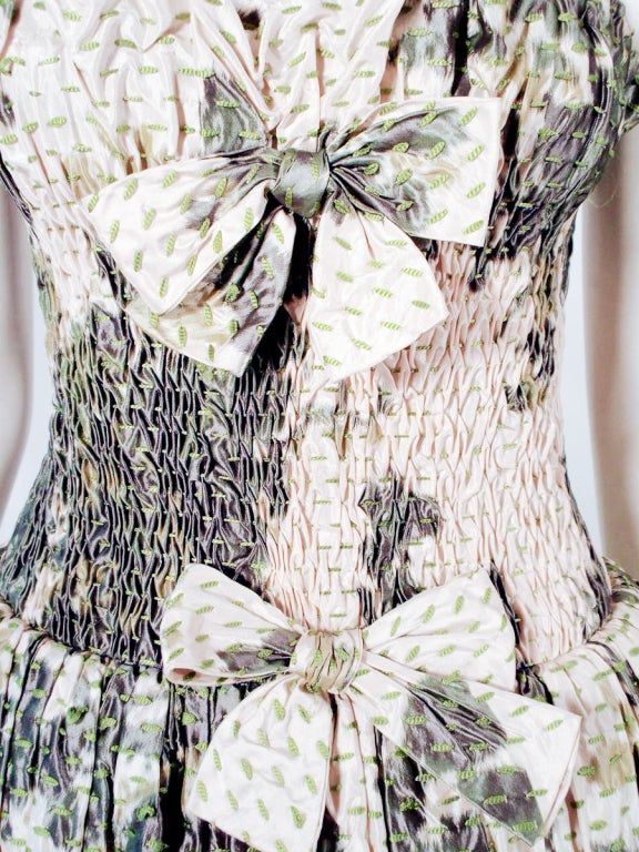 Oscar de la Renta Cream, Green Silk Floral Strapless Gown 6