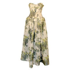 Oscar de la Renta Cream, Green Silk Floral Strapless Gown