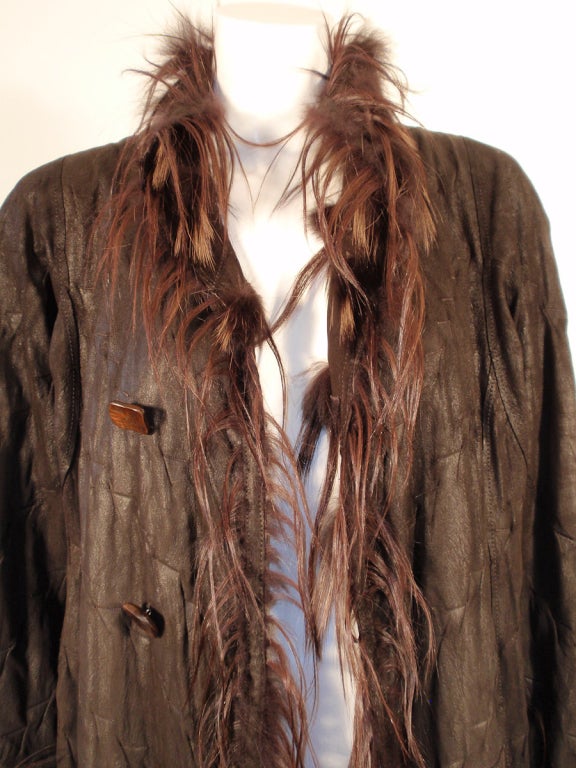 Fendi Brown Suede & Fur Tufts Long Reversible Coat, Wood Buttons 3