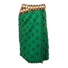 Adolfo Green Felt Pleated Skirt w/ Gold Tone Coin & Stud Detail