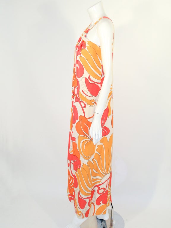 Women's Vintage 2 Pc. Pink, Orange Bold Print Long Dress w/ Wrap, 1960s