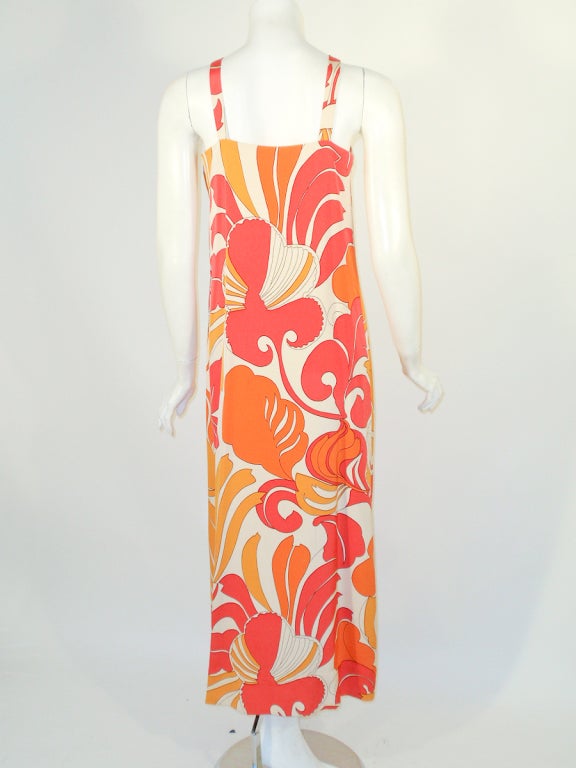 Vintage 2 Pc. Pink, Orange Bold Print Long Dress w/ Wrap, 1960s 1