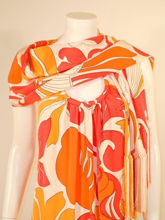 Vintage 2 Pc. Pink, Orange Bold Print Long Dress w/ Wrap, 1960s 3