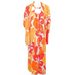 Retro 2 Pc. Pink, Orange Bold Print Long Dress w/ Wrap, 1960s