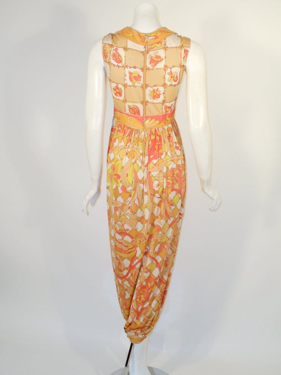 Emilio Pucci 1960s Yellow, Pink, Orange Bird Print Jersey Long Harem Dress In Excellent Condition In Los Angeles, CA