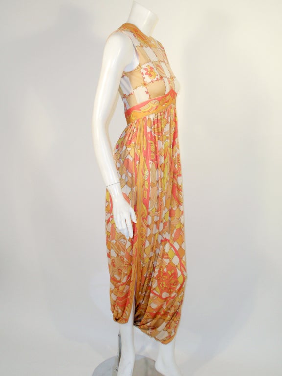 Women's Emilio Pucci 1960s Yellow, Pink, Orange Bird Print Jersey Long Harem Dress