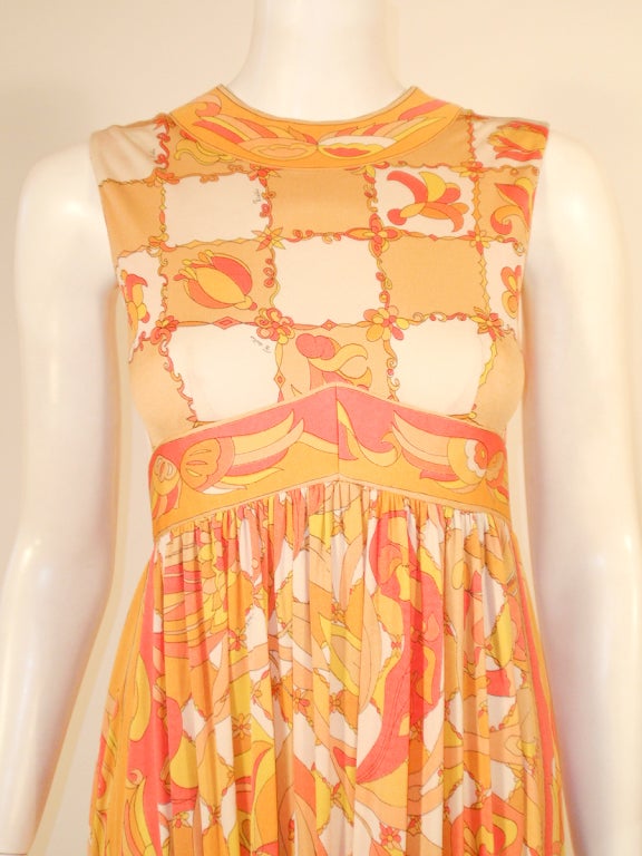 Emilio Pucci 1960s Yellow, Pink, Orange Bird Print Jersey Long Harem Dress 1