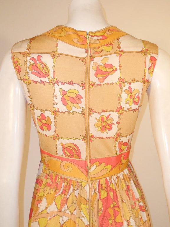 Emilio Pucci 1960s Yellow, Pink, Orange Bird Print Jersey Long Harem Dress 2