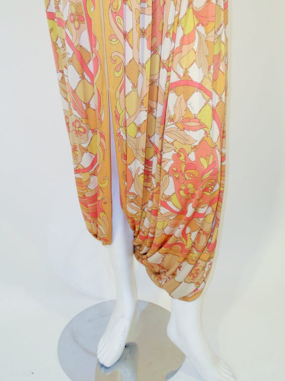 Emilio Pucci 1960s Yellow, Pink, Orange Bird Print Jersey Long Harem Dress 3