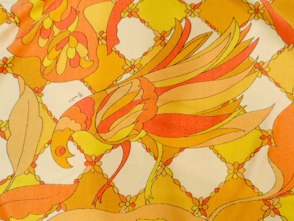 Emilio Pucci 1960s Yellow, Pink, Orange Bird Print Jersey Long Harem Dress 4