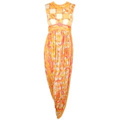 Retro Emilio Pucci 1960s Yellow, Pink, Orange Bird Print Jersey Long Harem Dress