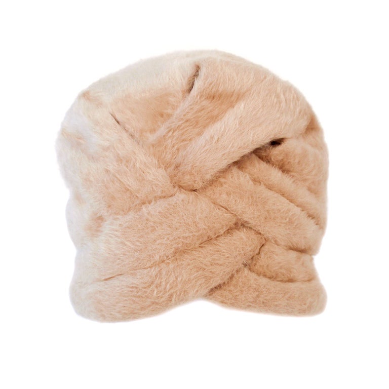 Lanvin by Castillo for Saks 5th Ave Beige Felted Fuzzy Turban Hat, 1960s For Sale