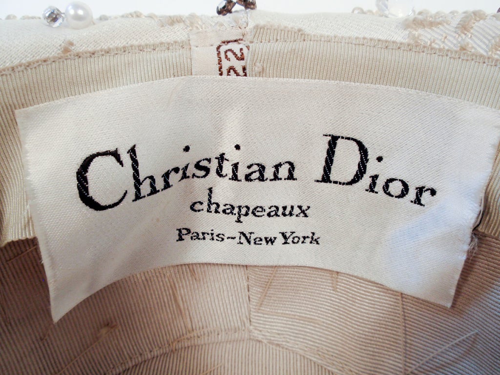 Women's Christian Dior Ivory Brocade Cloche hat w/ Pearls, Rhinestones