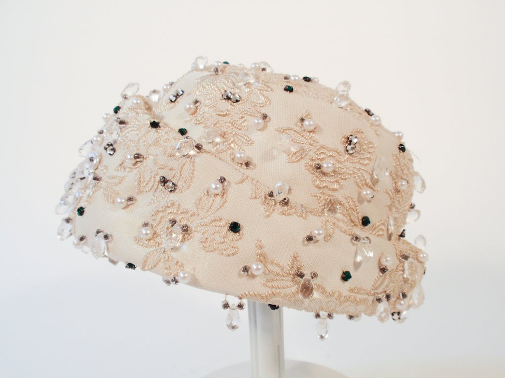 Christian Dior Ivory Brocade Cloche hat w/ Pearls, Rhinestones 1