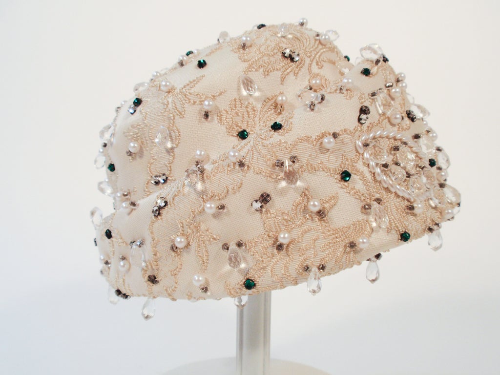 Christian Dior Ivory Brocade Cloche hat w/ Pearls, Rhinestones 3