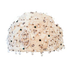 Vintage Christian Dior Ivory Brocade Cloche hat w/ Pearls, Rhinestones