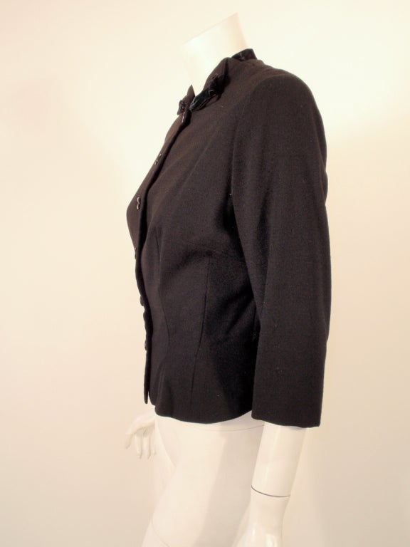 Women's 1950's Howard Greer Fitted Black Wool Waist Jacket w. Velvet Bows Size 6 For Sale