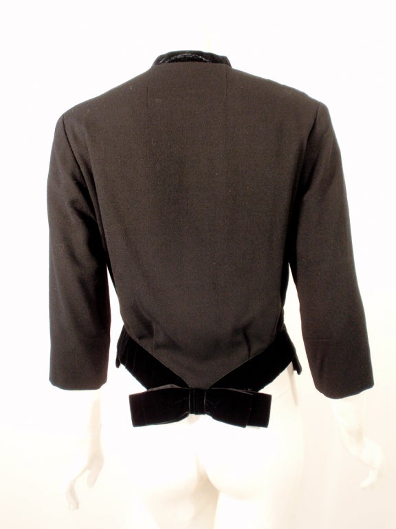 1950's Howard Greer Fitted Black Wool Waist Jacket w. Velvet Bows Size 6 For Sale 1