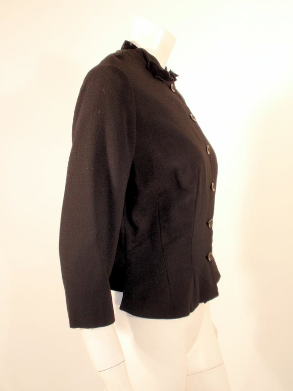 1950's Howard Greer Fitted Black Wool Waist Jacket w. Velvet Bows Size 6 For Sale 2