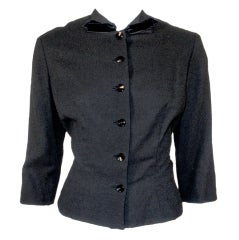 1950's Howard Greer Fitted Black Wool Waist Jacket w. Velvet Bows Size 6 11