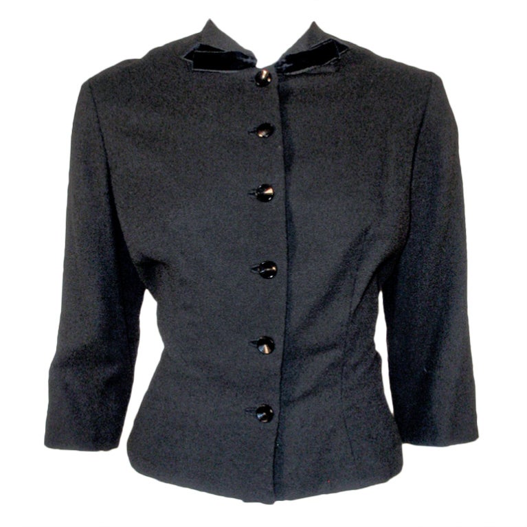 1950's Howard Greer Fitted Black Wool Waist Jacket w. Velvet Bows Size ...
