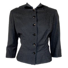 1950's Howard Greer Fitted Black Wool Waist Jacket w. Velvet Bows Size 6