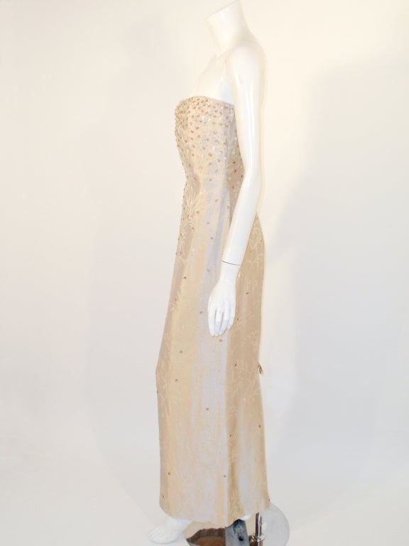 Oscar de la Renta Beige Silk Strapless Gown w/ Beading, Sequins 1