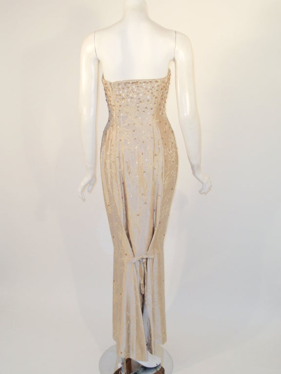 Oscar de la Renta Beige Silk Strapless Gown w/ Beading, Sequins 2