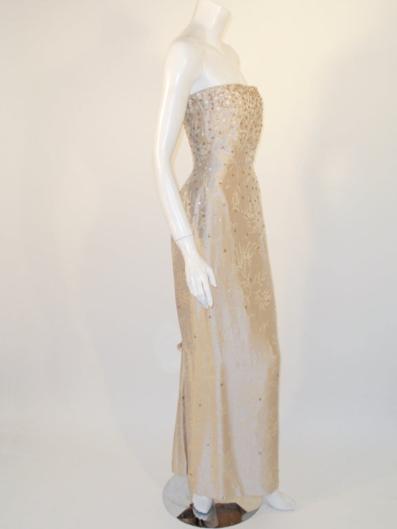 Oscar de la Renta Beige Silk Strapless Gown w/ Beading, Sequins 3