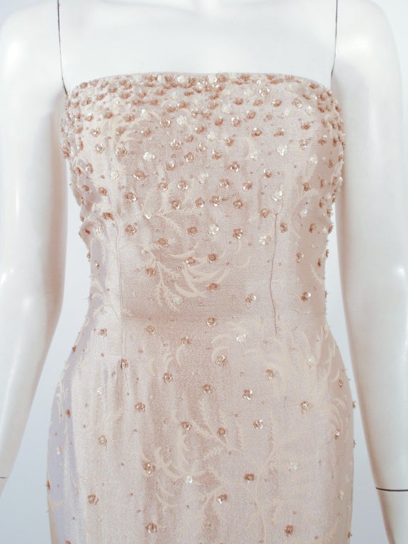 Oscar de la Renta Beige Silk Strapless Gown w/ Beading, Sequins 4