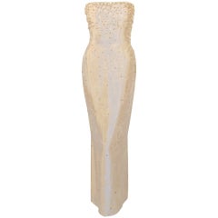 Oscar de la Renta Beige Silk Strapless Gown w/ Beading, Sequins