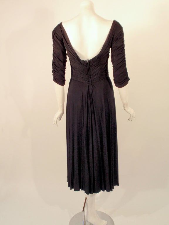 Ceil Chapman Black Ruched & Draped Cocktail Dress w/ 3/4 Sleeves In Excellent Condition For Sale In Los Angeles, CA