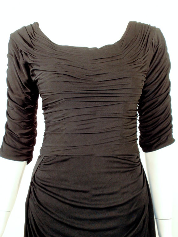 Ceil Chapman Black Ruched & Draped Cocktail Dress w/ 3/4 Sleeves For Sale 1