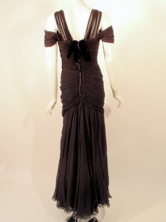 Women's Eleanora Garnett Black Shirred Chiffon Evening Gown w/ Bow For Sale