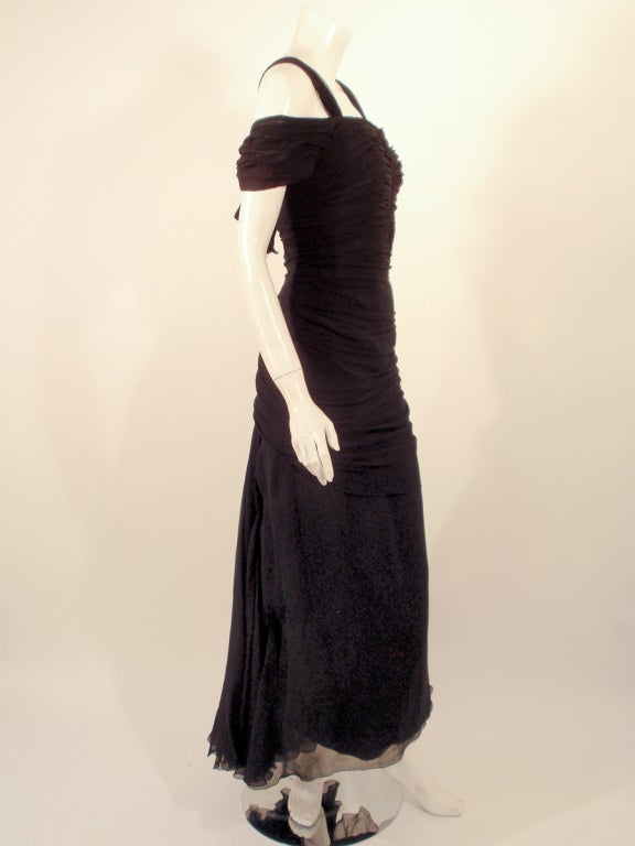 Eleanora Garnett Black Shirred Chiffon Evening Gown w/ Bow For Sale 1