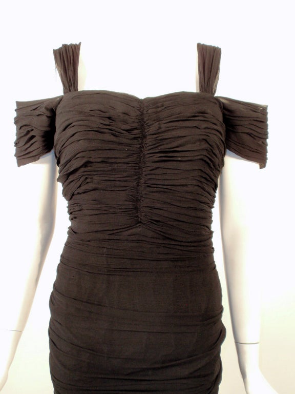 Eleanora Garnett Black Shirred Chiffon Evening Gown w/ Bow For Sale 2