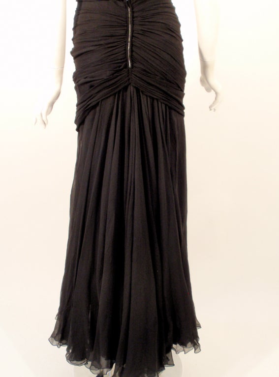 Eleanora Garnett Black Shirred Chiffon Evening Gown w/ Bow For Sale 4