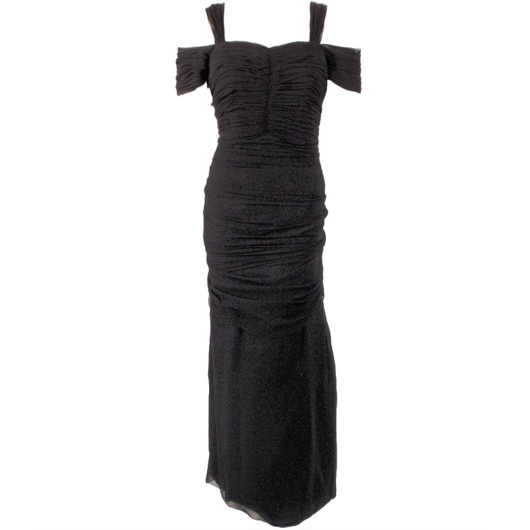 Eleanora Garnett Black Shirred Chiffon Evening Gown w/ Bow For Sale