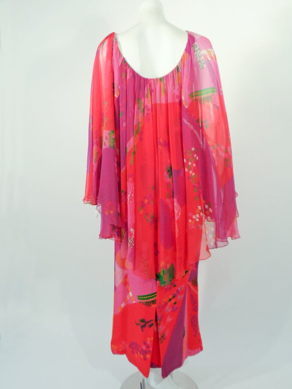 Red Hanae Mori Pink, Purple, Green Floral Print Silk Chiffon Caftan Gown