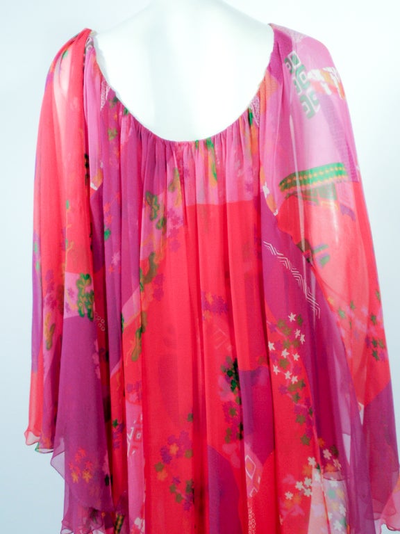 Hanae Mori Pink, Purple, Green Floral Print Silk Chiffon Caftan Gown In Excellent Condition In Los Angeles, CA
