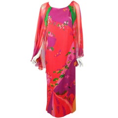 Hanae Mori Pink, Purple, Green Floral Print Silk Chiffon Caftan Gown