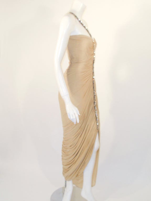 Beige Elizabeth Mason Couture Draped Jersey Gown w. Rhinestone strap made to order For Sale
