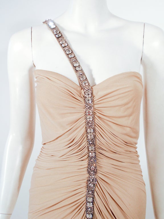 Elizabeth Mason Couture Draped Jersey Gown w. Rhinestone strap made to order In Excellent Condition For Sale In Los Angeles, CA