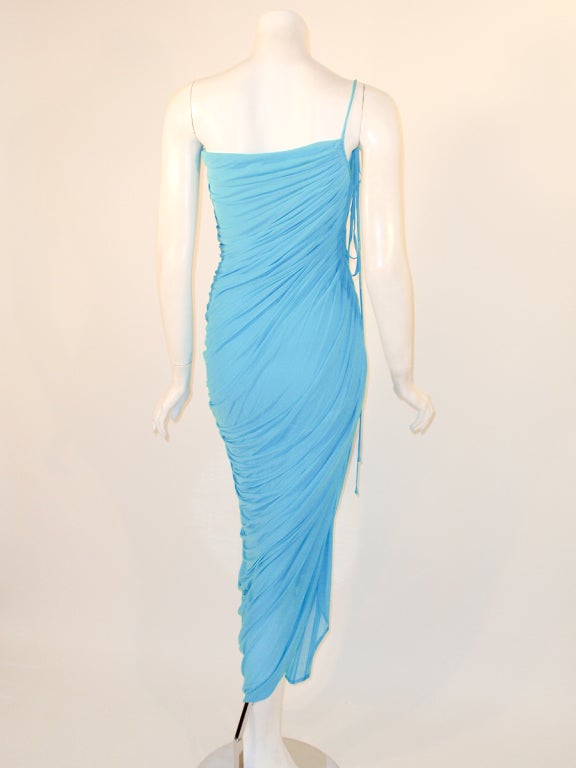 Halston Turquoise Blue Draped Jersey Evening Gown w/ 1 Shoulder Strap ...