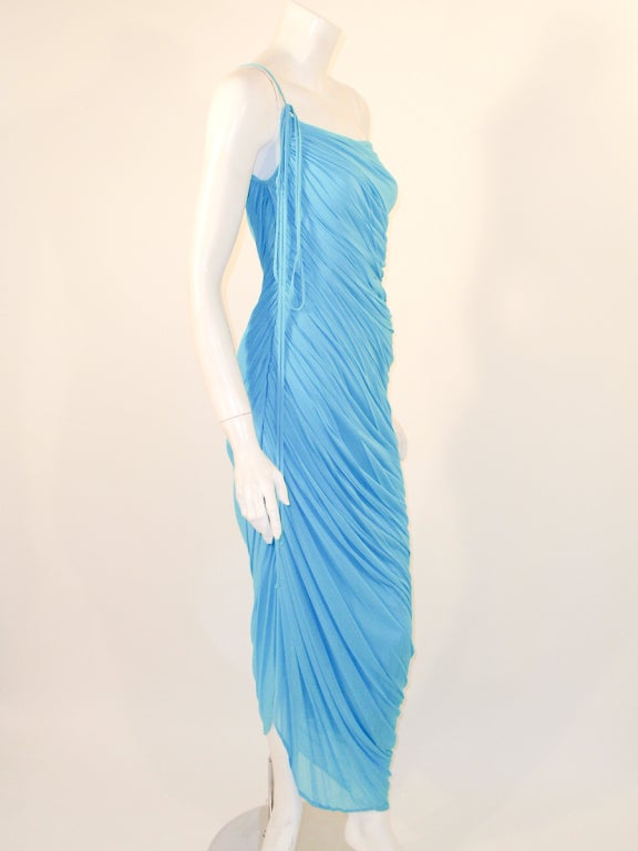 Halston Turquoise Blue Draped Jersey Evening Gown w/ 1 Shoulder Strap 1